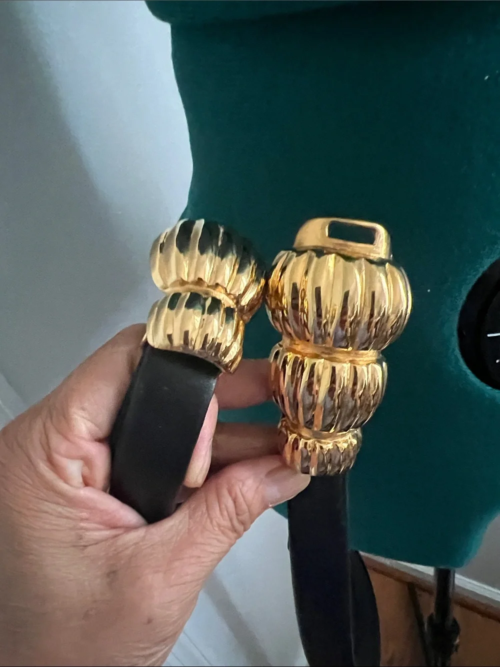 St. John Black Leather Belt with Gold Ribbed Centerpiece